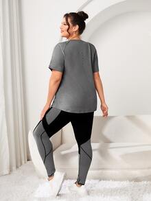 Rhythm Era Plus Size Women's Round Neck Raglan Sleeve T-Shirt & Color Block Leggings Sports Set Workout Women Sets - Multicolor - View 8