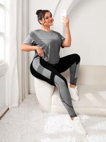 Rhythm Era Plus Size Women's Round Neck Raglan Sleeve T-Shirt & Color Block Leggings Sports Set Workout Women Sets - Multicolor - View 4