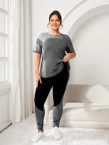 Rhythm Era Plus Size Women's Round Neck Raglan Sleeve T-Shirt & Color Block Leggings Sports Set Workout Women Sets - Multicolor - View 6
