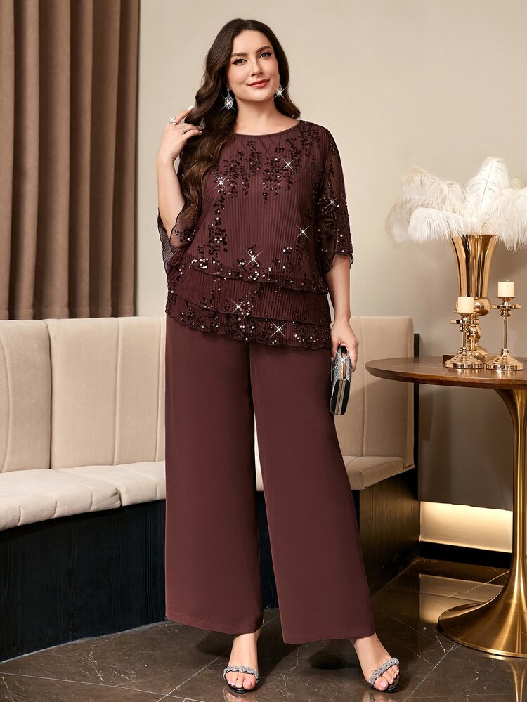 Reflora Plus Size Fashionable Exquisite Sequin Ruffle Hem Top And Loose Long Pants 2 Pieces Set Autumn Wedding Dinner Formal Brown Casual Elegant - Brown - View 5