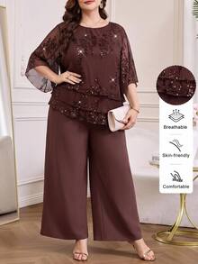 Reflora Plus Size Fashionable Exquisite Sequin Ruffle Hem Top And Loose Long Pants 2 Pieces Set Autumn Wedding Dinner Formal Brown Casual Elegant - Brown - View 9