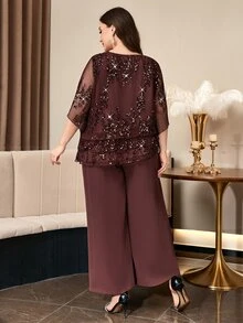 Reflora Plus Size Fashionable Exquisite Sequin Ruffle Hem Top And Loose Long Pants 2 Pieces Set Autumn Wedding Dinner Formal Brown Casual Elegant - Brown - View 3