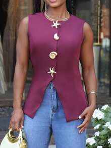 Steph T Sleeveless Simple Commuter/Office Metal Decor Women Blazer Office In Fall/Winter - Burgundy - View 4