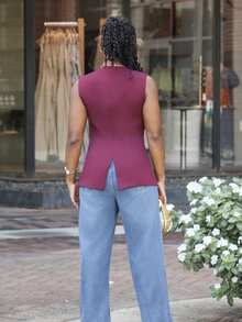 Steph T Sleeveless Simple Commuter/Office Metal Decor Women Blazer Office In Fall/Winter - Burgundy - View 2