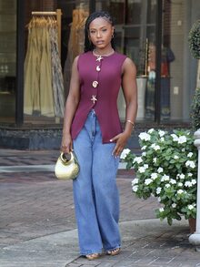 Steph T Sleeveless Simple Commuter/Office Metal Decor Women Blazer Office In Fall/Winter - Burgundy - View 6