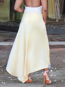 Steph T Women's Elegant Light Yellow Satin Skirt With Lace Trim,Summer Asymmetric Slit Vacation Holiday Wear,Suitable For Beach,Party,Brunch,Wedding Guest - Yellow - View 2