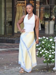 Steph T Women's Elegant Light Yellow Satin Skirt With Lace Trim,Summer Asymmetric Slit Vacation Holiday Wear,Suitable For Beach,Party,Brunch,Wedding Guest - Yellow - View 1