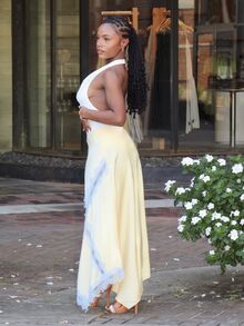 Steph T Women's Elegant Light Yellow Satin Skirt With Lace Trim,Summer Asymmetric Slit Vacation Holiday Wear,Suitable For Beach,Party,Brunch,Wedding Guest - Yellow - View 4