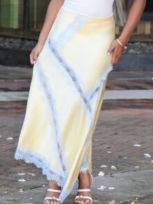Steph T Women's Elegant Light Yellow Satin Skirt With Lace Trim,Summer Asymmetric Slit Vacation Holiday Wear,Suitable For Beach,Party,Brunch,Wedding Guest - Yellow - View 6
