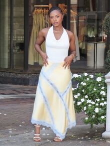 Steph T Women's Elegant Light Yellow Satin Skirt With Lace Trim,Summer Asymmetric Slit Vacation Holiday Wear,Suitable For Beach,Party,Brunch,Wedding Guest - Yellow - View 3