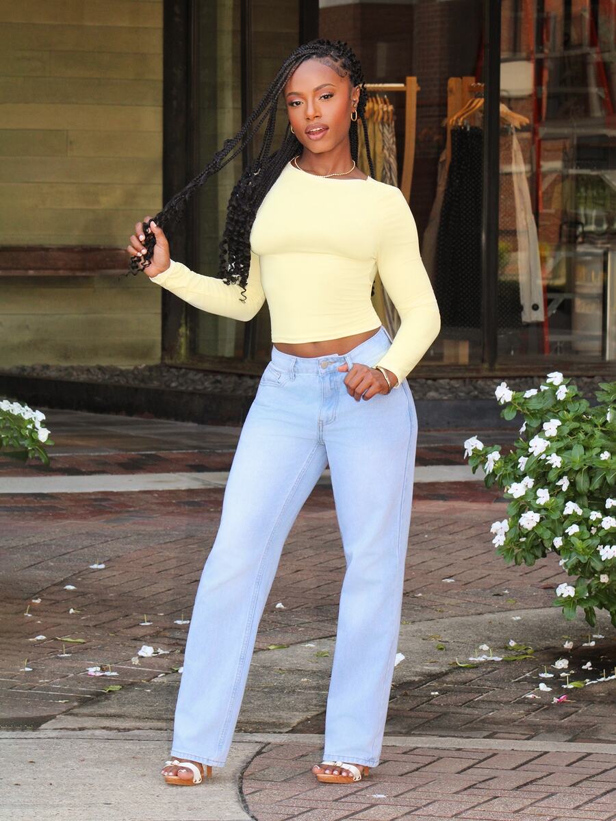 Steph T Women's Cream Yellow Backless Fitted Long Sleeve T-Shirt, Cream Yellow T-Shirt Cute Tops Y2k Open Back Tops - Light Yellow - View 1