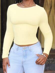 Steph T Women's Cream Yellow Backless Fitted Long Sleeve T-Shirt, Cream Yellow T-Shirt Cute Tops Y2k Open Back Tops - Light Yellow - View 5