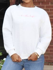 Steph T Embroidered ""Be The Light"" Slogan Sweatshirt,Christian Crew Neck Long Sleeve Fleece For Women,Light Grey,Autumn,Casual,School,Back-To-School - Light Grey - View 5