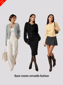 SHEIN BASICS Women's Yellow Casual Style Versatile Button Long Sleeve Knit Cardigan Fall/Winter - Pale Yellow - View 11