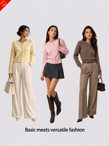SHEIN BASICS Women's Yellow Casual Style Versatile Button Long Sleeve Knit Cardigan Fall/Winter - Pale Yellow - View 10