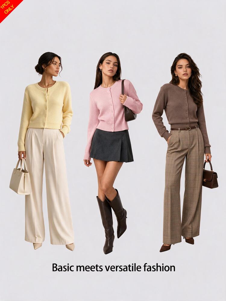 SHEIN BASICS Women's Yellow Casual Style Versatile Button Long Sleeve Knit Cardigan Fall/Winter - Pale Yellow - View 10