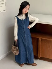 Dazy Kids Tween Girl Fall Clothes Tween Girl Denim Overall Dress - Dark Wash - View 3