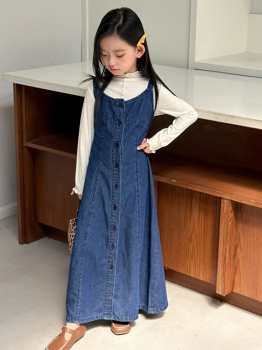 Dazy Kids Tween Girl Fall Clothes Tween Girl Denim Overall Dress - Dark Wash - View 1