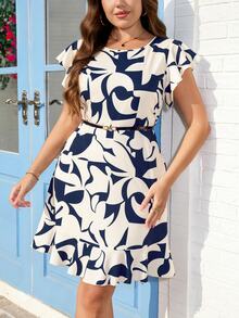 Reflora Plus Size Beige Geometric Print Ruffle Trim Elegant Summer Dress For Women, Office Brunch Tea Party Evening Casual Retro Wedding Guest Graduation - Multicolor - View 8
