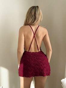 Sweetina Deep V-Neck Burgundy 3D Mini Slip Dress Club Party Summer Sexy - Red Violet - View 2