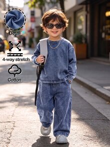 SHEIN 兒童男童 2件組休閒軟綿黑色針織牛仔寬鬆衛衣與牛仔褲套裝，秋冬返校穿搭，幼童套裝 - 深色水洗藍 - 查看 8
