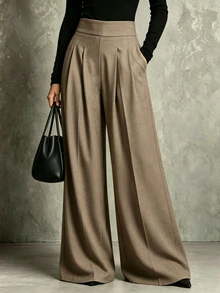 Trelyra Celana Panjang Wanita Kasual Warna Khaki Model Lebar untuk Musim Gugur dan Musim Dingin - Cocok untuk Perjalanan Sehari-hari, Pakaian Kantor, dan Acara Formal; Kemewahan yang Bersahaja. - Mocha Brown - View 1
