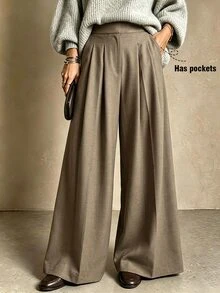 Trelyra Celana Panjang Wanita Kasual Warna Khaki Model Lebar untuk Musim Gugur dan Musim Dingin - Cocok untuk Perjalanan Sehari-hari, Pakaian Kantor, dan Acara Formal; Kemewahan yang Bersahaja. - Mocha Brown - View 3