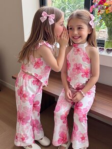 SHEIN 女婴两件套，时尚甜心情人节爱心针织吊带上衣和喇叭裤 - 彩色 - 查看 3