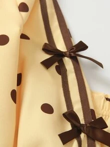 SHEIN Elladie kids 2件組少女秋冬套裝，甜美波點印花前拉鍊立領夾克外套，側邊蝴蝶結飾彈性腰鬆緊慢跑褲，休閒運動風 - 黃色 - 查看 5