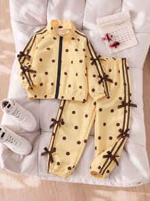 SHEIN Elladie kids 2件組少女秋冬套裝，甜美波點印花前拉鍊立領夾克外套，側邊蝴蝶結飾彈性腰鬆緊慢跑褲，休閒運動風 - 黃色 - 查看 3