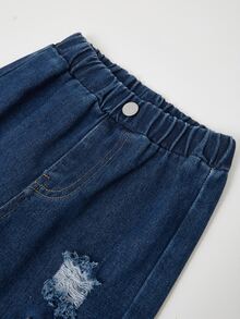 SHEIN 男童秋季棉質水洗多功能時尚休閒舒適寬鬆牛仔褲，彈性腰帶，工裝口袋，做舊藍色水洗寬鬆牛仔長褲 - 深色水洗藍 - 查看 4