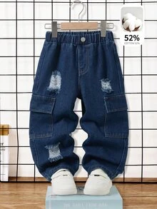 SHEIN 男童秋季棉質水洗多功能時尚休閒舒適寬鬆牛仔褲，彈性腰帶，工裝口袋，做舊藍色水洗寬鬆牛仔長褲 - 深色水洗藍 - 查看 3