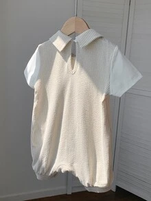 SHEIN 新生儿男女通用可爱针织条纹连体衣，适合生日派对、锐舞派对、晚宴、表演、婚礼、宝宝满月、洗礼和一周岁生日庆祝活动、婚礼宾客、婴儿派对等场合。 - 彩色 - 查看 2