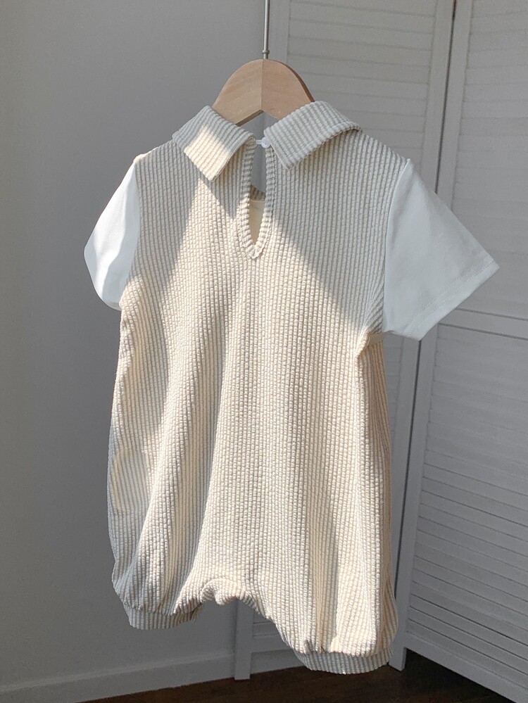 SHEIN Newborn Baby Unisex White Summer Knitted Striped Romper,Casual Family Matching Kids Neutral Clothes,Boy Christening Outfit For Birthday Party Wedding - Multicolor - View 2