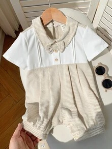 SHEIN 新生儿男女通用可爱针织条纹连体衣，适合生日派对、锐舞派对、晚宴、表演、婚礼、宝宝满月、洗礼和一周岁生日庆祝活动、婚礼宾客、婴儿派对等场合。 - 彩色 - 查看 5