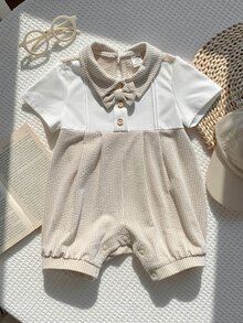 SHEIN 新生儿男女通用可爱针织条纹连体衣，适合生日派对、锐舞派对、晚宴、表演、婚礼、宝宝满月、洗礼和一周岁生日庆祝活动、婚礼宾客、婴儿派对等场合。 - 彩色 - 查看 3