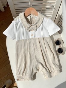 SHEIN 新生儿男女通用可爱针织条纹连体衣，适合生日派对、锐舞派对、晚宴、表演、婚礼、宝宝满月、洗礼和一周岁生日庆祝活动、婚礼宾客、婴儿派对等场合。 - 彩色 - 查看 8