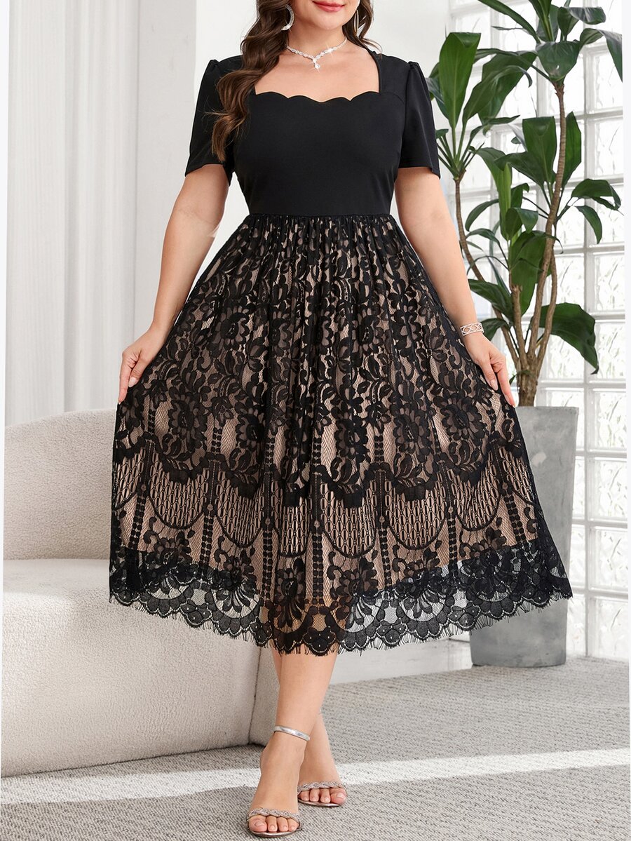 Reflora Plus Size Elegant Celestial Women Dress With Square Neckline And Shell Trim Party Cocktail Formal Black Summer - Black - View 1