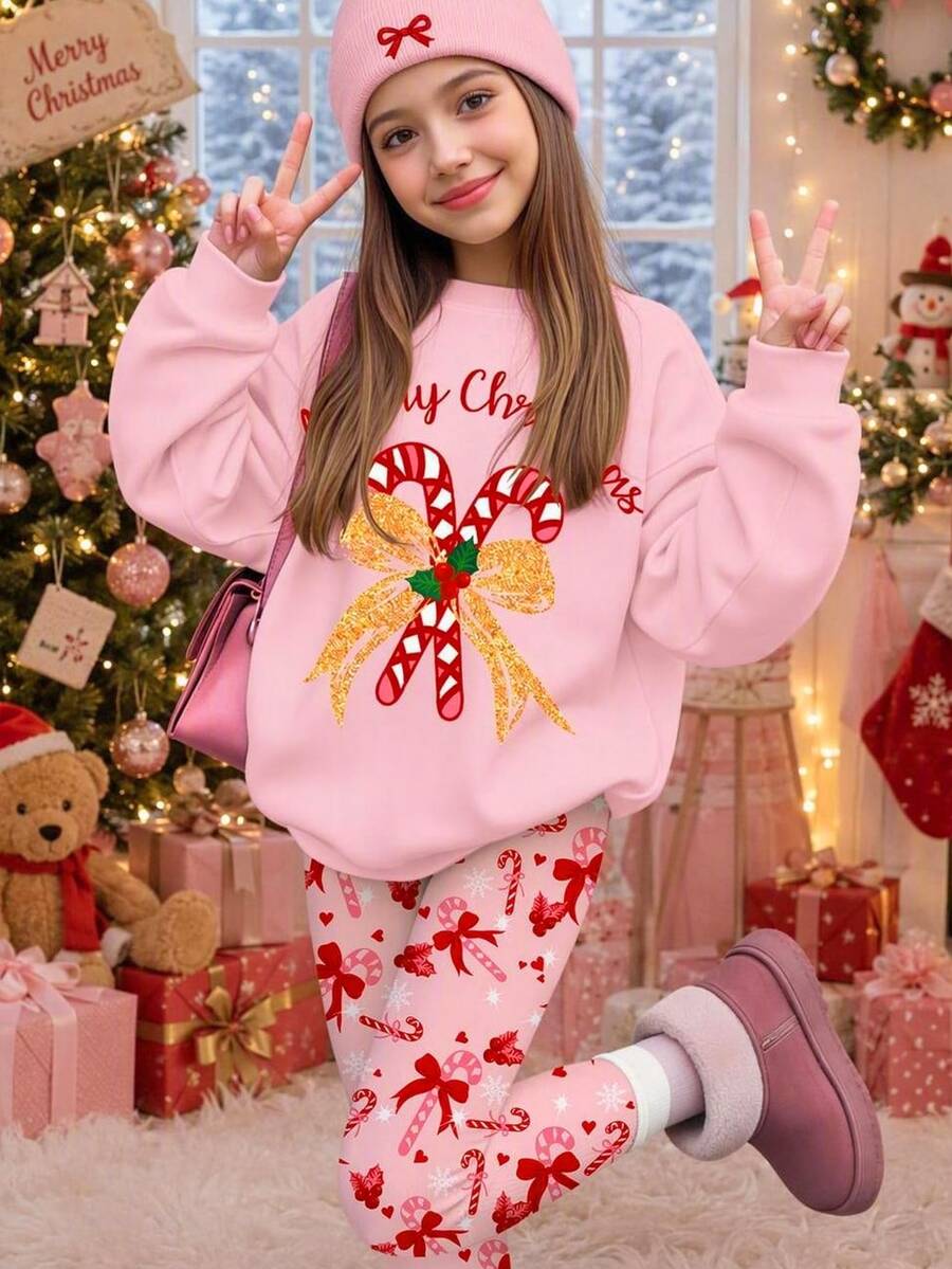 聖誕節女孩休閒可愛蝴蝶結糖果棒、波點雪花、奶油粉色節慶保暖內裡加厚圓領長袖衛衣與內搭褲套裝,適合秋冬,秋季風格,秋季穿搭,舒適 - 彩色 - 查看 1
