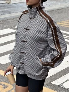 Muchica 棕色格紋棋盤拼接織帶扣高領夾克，優雅休閒時尚通勤外套，適合秋冬外出與聚會，女款通勤夾克，派對、畢業、約會、通勤、情人節，優雅 Y2K 風格 - 彩色 - 查看 7