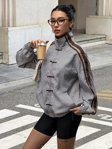 Muchica 棕色格紋棋盤拼接織帶扣高領夾克，優雅休閒時尚通勤外套，適合秋冬外出與聚會，女款通勤夾克，派對、畢業、約會、通勤、情人節，優雅 Y2K 風格 - 彩色 - 查看 4