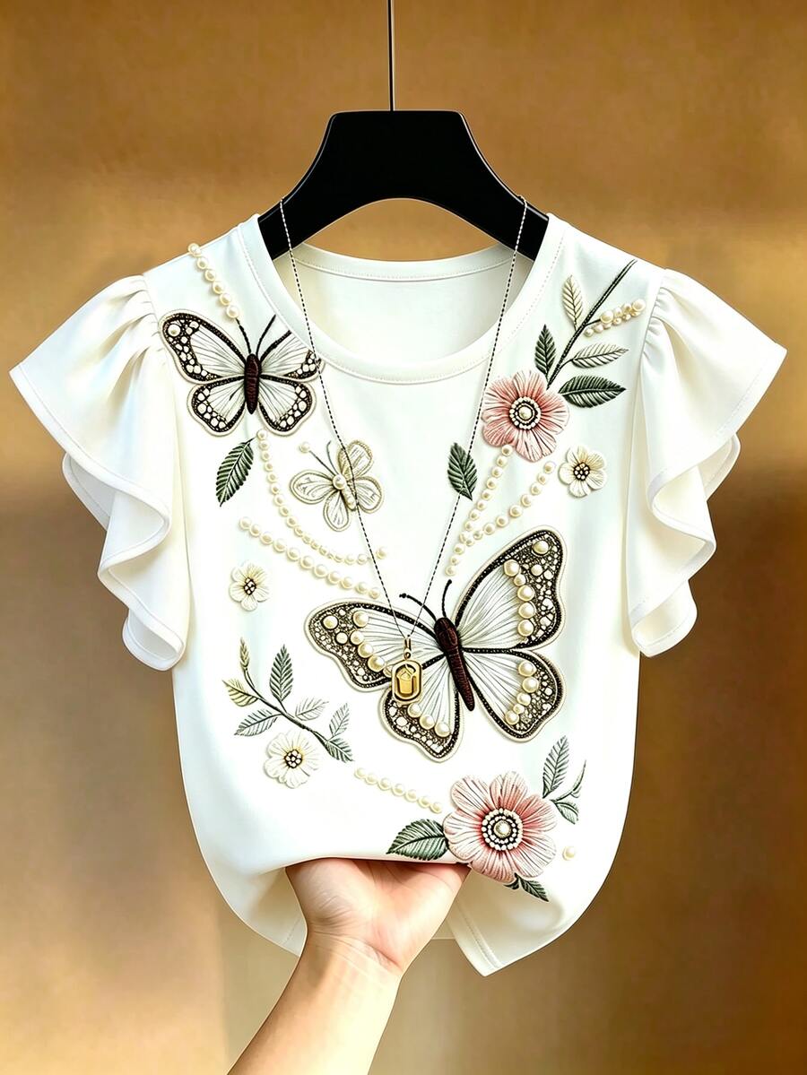SHEIN Franclia [印花設計] 白色 T 恤，親膚彈性面料製成，穿著舒適。圓領配對比飾邊，簡約而精緻；荷葉袖設計增添溫柔青春感，營造浪漫氛圍。修身剪裁貼合身形，勾勒曲線，適合日常通勤或休閒約會，打造清新溫柔造型 - 彩色 - 查看 1