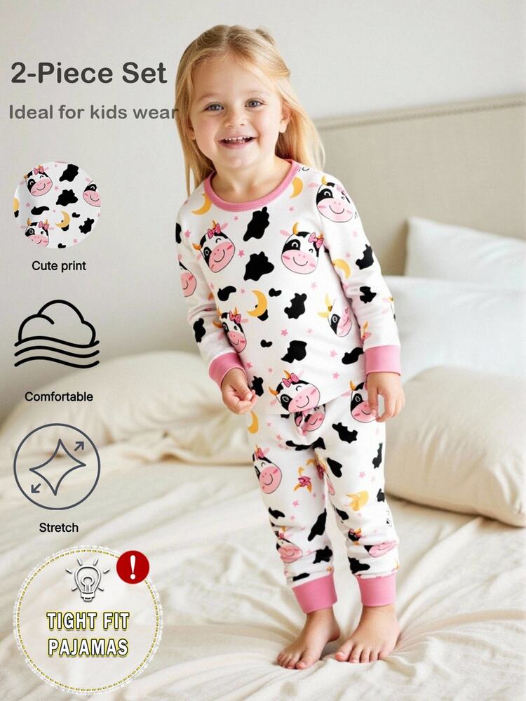 SHEIN 2pcs Snug Fit Pajama Set For Young Girls, Cute Cow Print White Contrast Color Round Neck, Long Sleeve Top And Pants, Sleep Fall Autumn/Winter Cozy - Pink - View 3