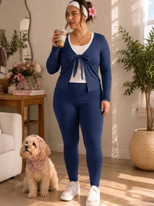 Sweetra CURVE Sport-T-shirt för kvinnor i plus size, enfärgad, med knut fram och långa ärmar - Marinblå - Visa 7