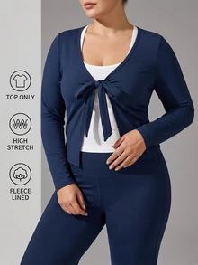 Sweetra CURVE Sport-T-shirt för kvinnor i plus size, enfärgad, med knut fram och långa ärmar - Marinblå - Visa 6