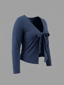Sweetra CURVE Sport-T-shirt för kvinnor i plus size, enfärgad, med knut fram och långa ärmar - Marinblå - Visa 5