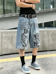 Manfinity EMRG Unisex Graffiti Print Loose Denim Shorts, Street Style Streetwear City Break Light Blue Summer, Holiday - Blue - View 6