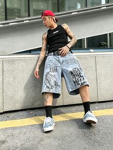 Manfinity EMRG Unisex Graffiti Print Loose Denim Shorts, Street Style Streetwear City Break Light Blue Summer, Holiday - Blue - View 5