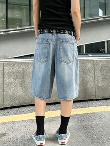 Manfinity EMRG Unisex Graffiti Print Loose Denim Shorts, Street Style Streetwear City Break Light Blue Summer, Holiday - Blue - View 2