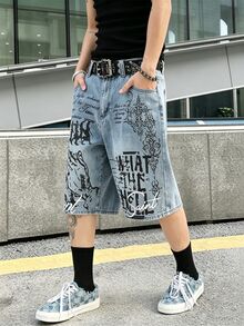 Manfinity EMRG Unisex Graffiti Print Loose Denim Shorts, Street Style Streetwear City Break Light Blue Summer, Holiday - Blue - View 3